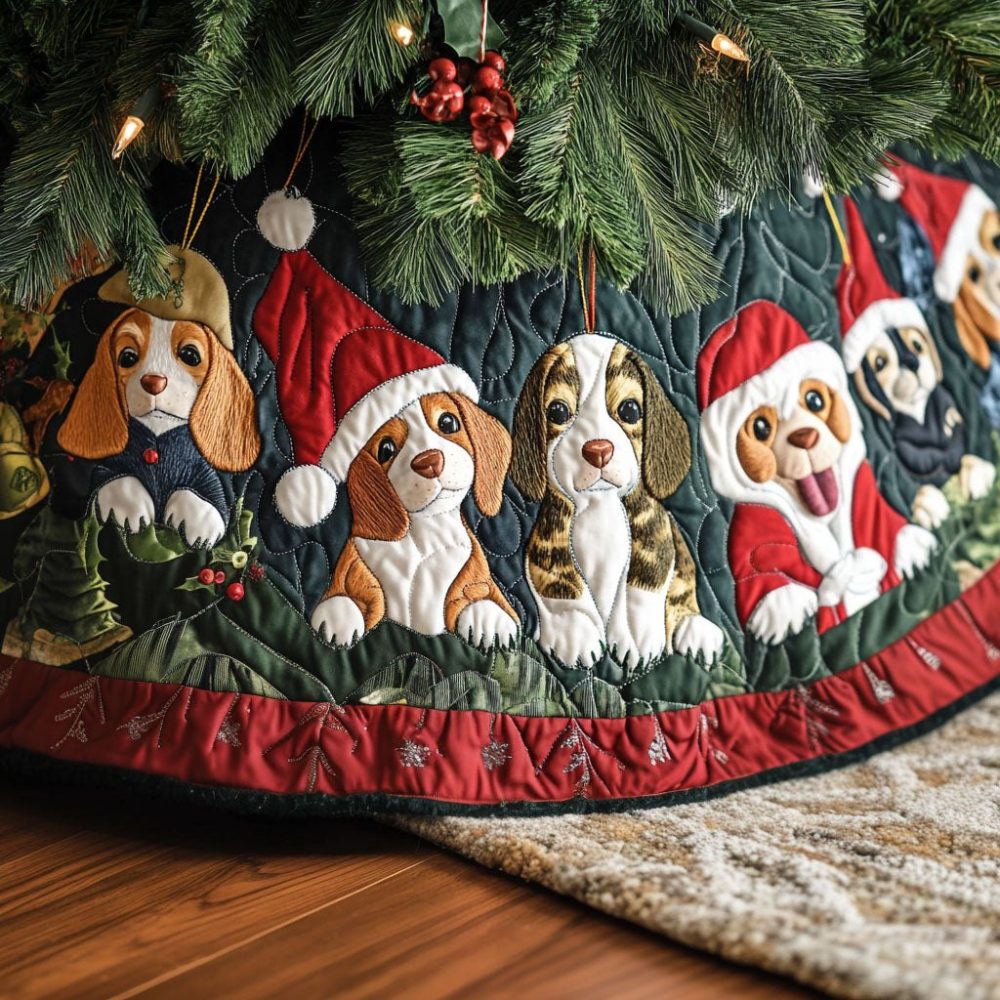 Beagle Snow Day Holiday Tree Skirt - Handmade Snowy Scene Christmas Tree Skirt For Beagle Fans, Soft Fleece, Multiple Sizes