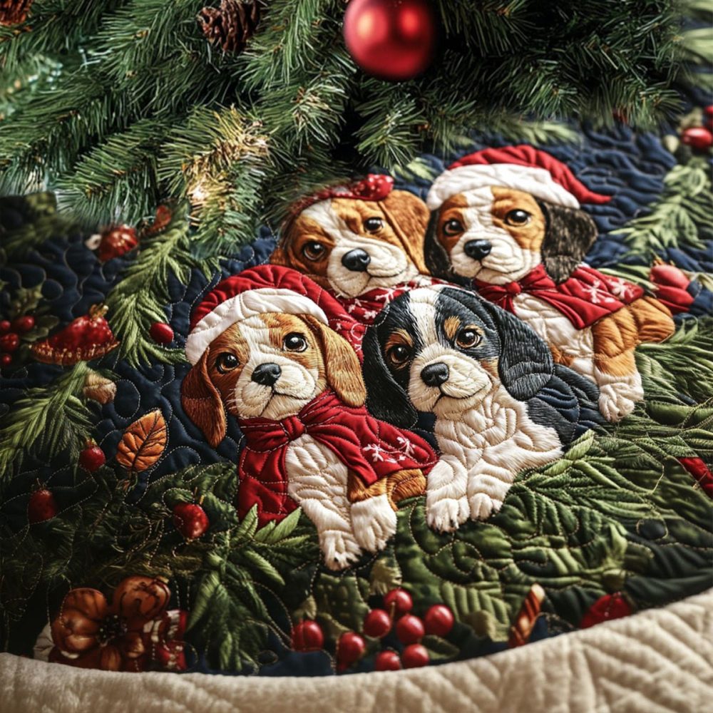 Beagle Starry Night Christmas Tree Skirt - Handmade Star-Flecked Holiday Tree Skirt With Beagle Motif, Plush & Custom Sizes