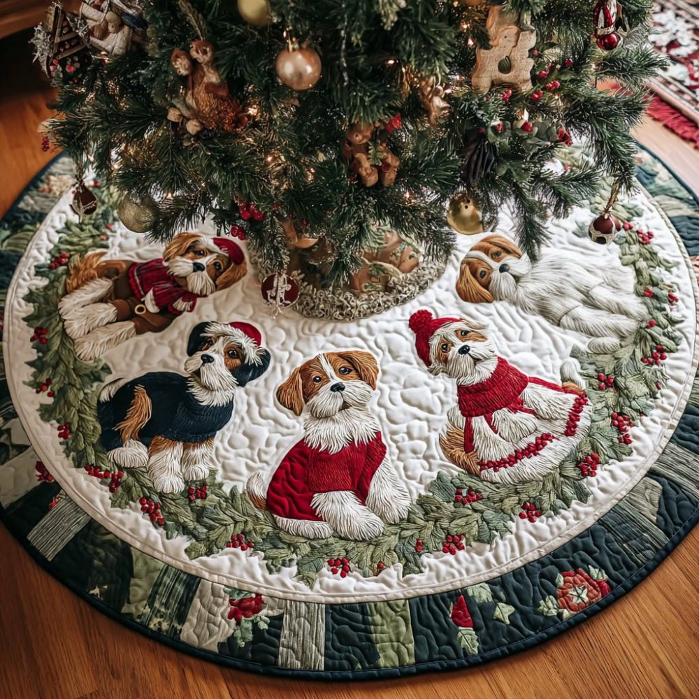 Beagle Yuletide Joy Custom Tree Skirt - Handcrafted Made-To-Order Christmas Skirt Featuring Beagle Silhouette & Festive Trim