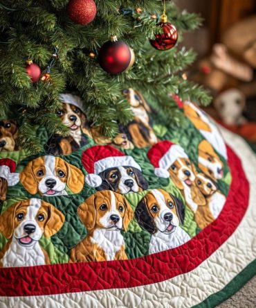 Beagle In The Pines Personalized Tree Skirt - Custom Made Christmas Tree Skirt With Beagle Art, Soft Backing & Easy Care