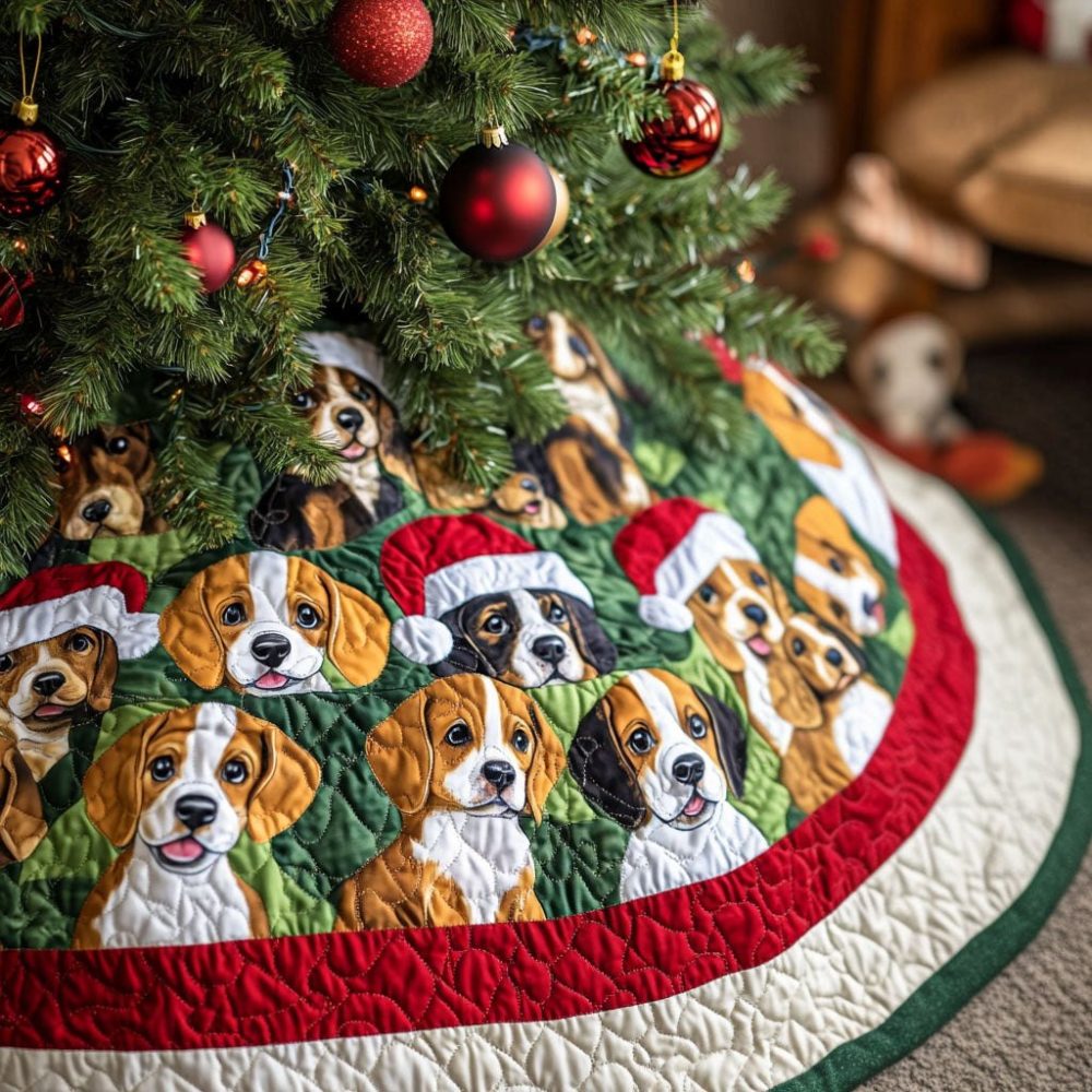 Beagle In The Pines Personalized Tree Skirt - Custom Made Christmas Tree Skirt With Beagle Art, Soft Backing & Easy Care