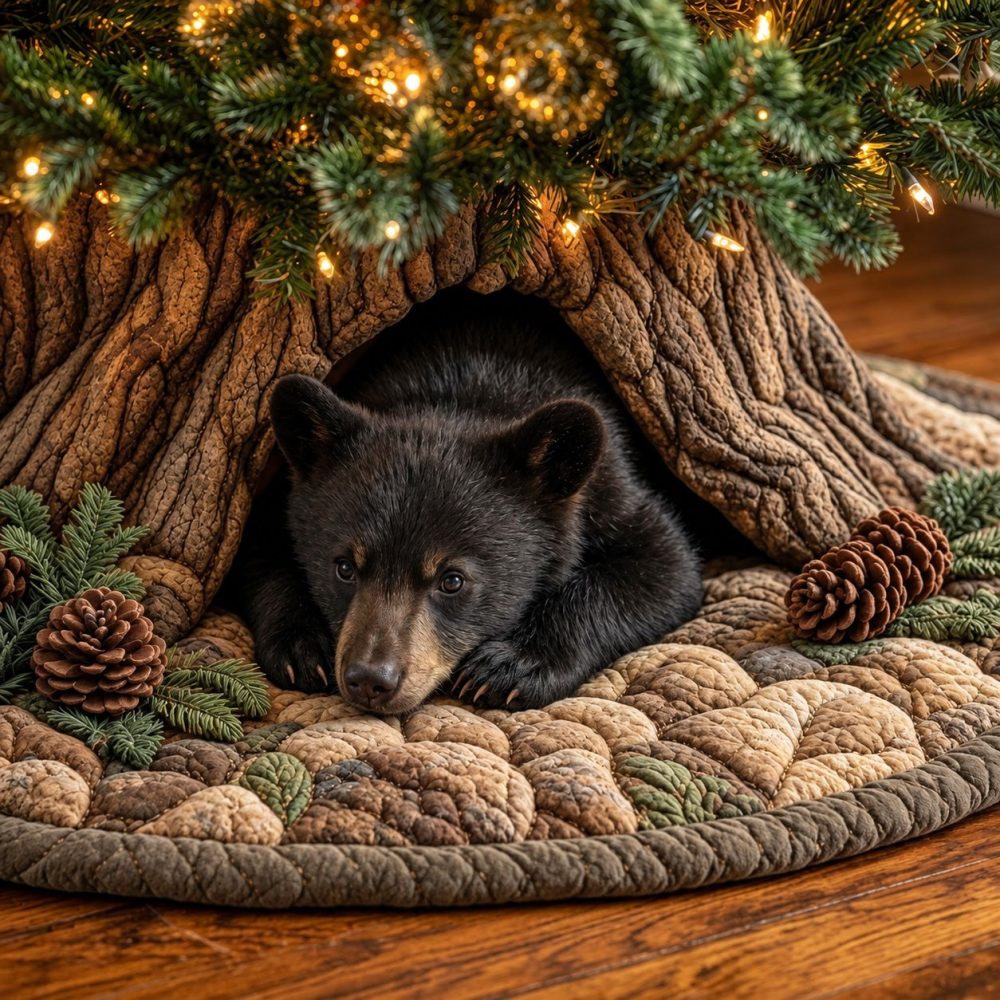 Cozy Bear Den Christmas Tree Skirt — Custom Handmade Forest-Themed Holiday Skirt, Sizes & Personalization Available