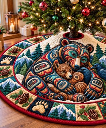 Bear Forest Retreat Christmas Tree Skirt — Handcrafted Rustic Forest Holiday Mat, Custom Sizing & Personal Embroidery