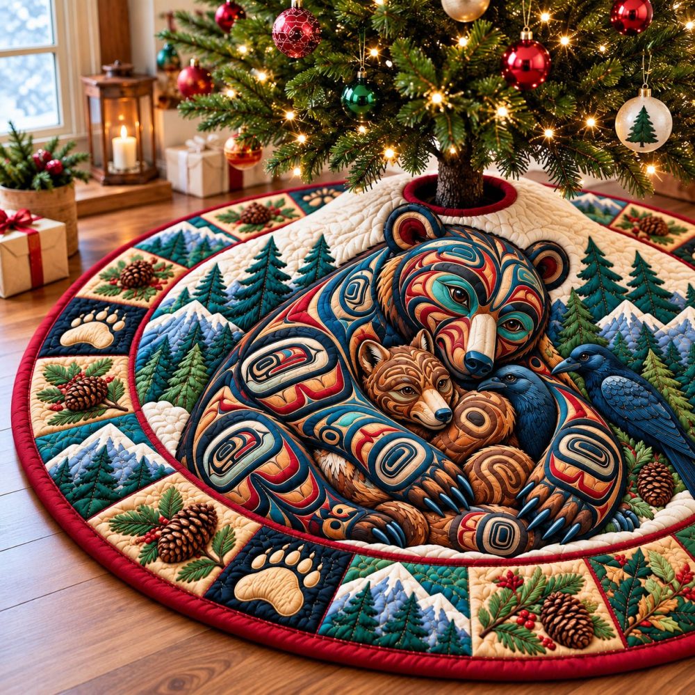 Bear Forest Retreat Christmas Tree Skirt — Handcrafted Rustic Forest Holiday Mat, Custom Sizing & Personal Embroidery