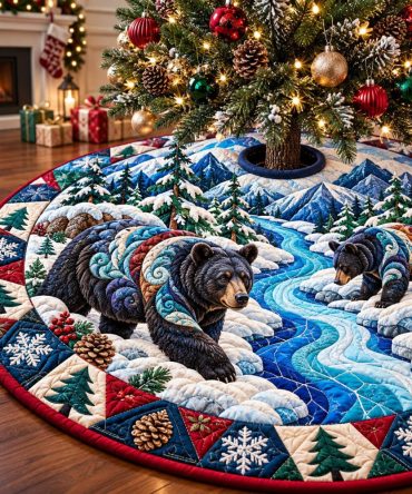 Bear Rustic Haven Christmas Tree Skirt — Custom Handcrafted Lodge-Style Holiday Mat, Personalize With Name/Year