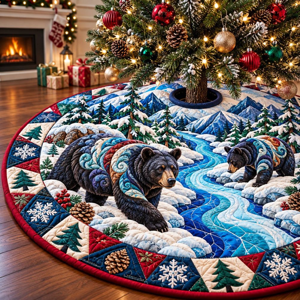 Bear Rustic Haven Christmas Tree Skirt — Custom Handcrafted Lodge-Style Holiday Mat, Personalize With Name/Year