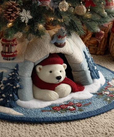 Bear Under The Fir Holiday Tree Skirt - Custom Handsewn Rustic Christmas Tree Skirt With Woodland Bear Design, Multiple Sizes