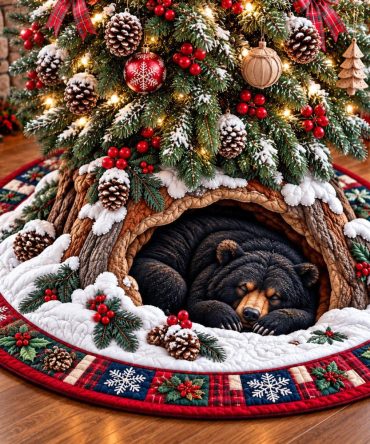Bear Wilderness Journey Christmas Tree Skirt — Handcrafted Adventure-Themed Holiday Mat, Custom Sizes & Details