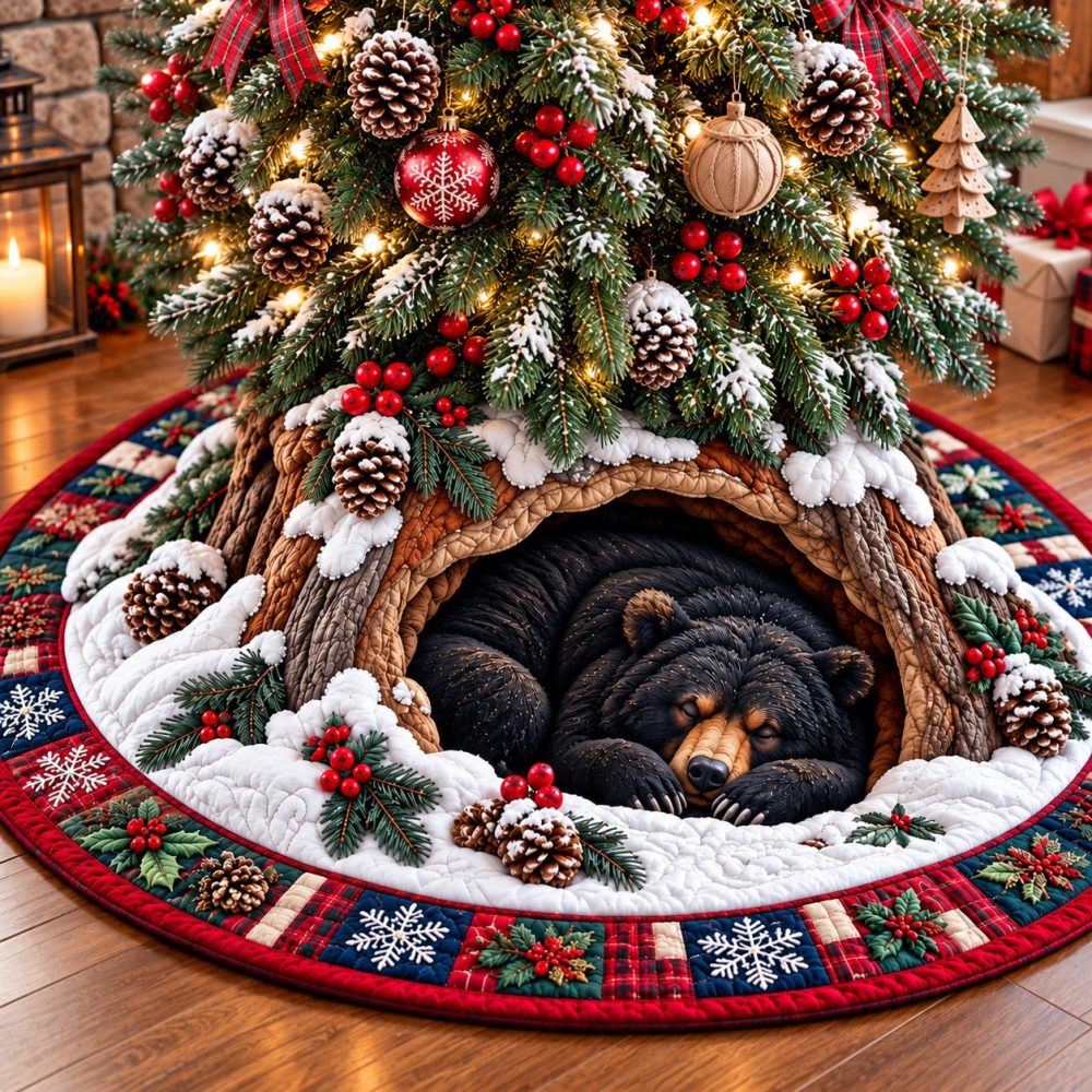 Bear Wilderness Journey Christmas Tree Skirt — Handcrafted Adventure-Themed Holiday Mat, Custom Sizes & Details