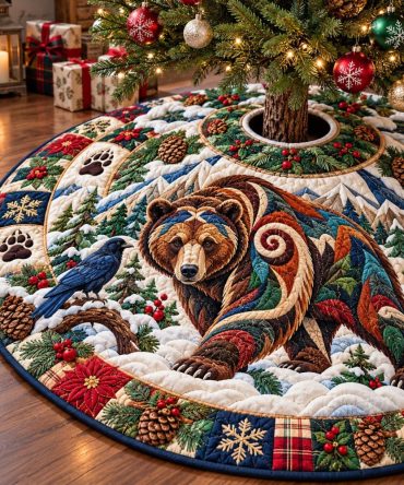 Bear Woodland Adventure Christmas Tree Skirt — Handcrafted Rustic Bear & Forest Holiday Mat, Custom Fit Options
