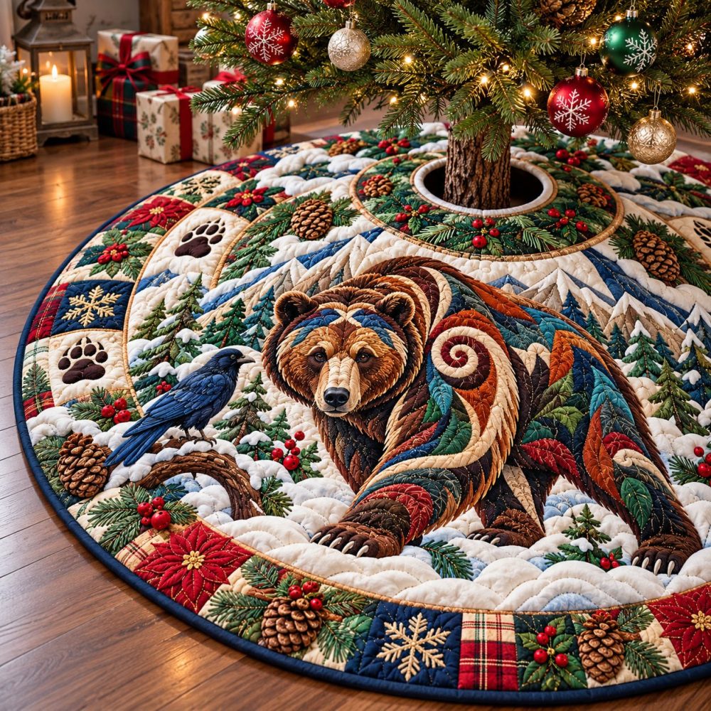 Bear Woodland Adventure Christmas Tree Skirt — Handcrafted Rustic Bear & Forest Holiday Mat, Custom Fit Options