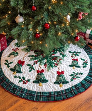 Classic Bells Ringing Holiday Tree Skirt - Custom Made Christmas Tree Skirt, Traditional Festive Design In Multiple Sizes