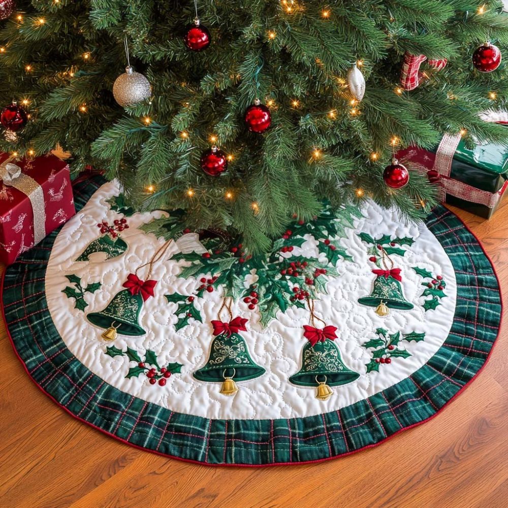 Classic Bells Ringing Holiday Tree Skirt - Custom Made Christmas Tree Skirt, Traditional Festive Design In Multiple Sizes