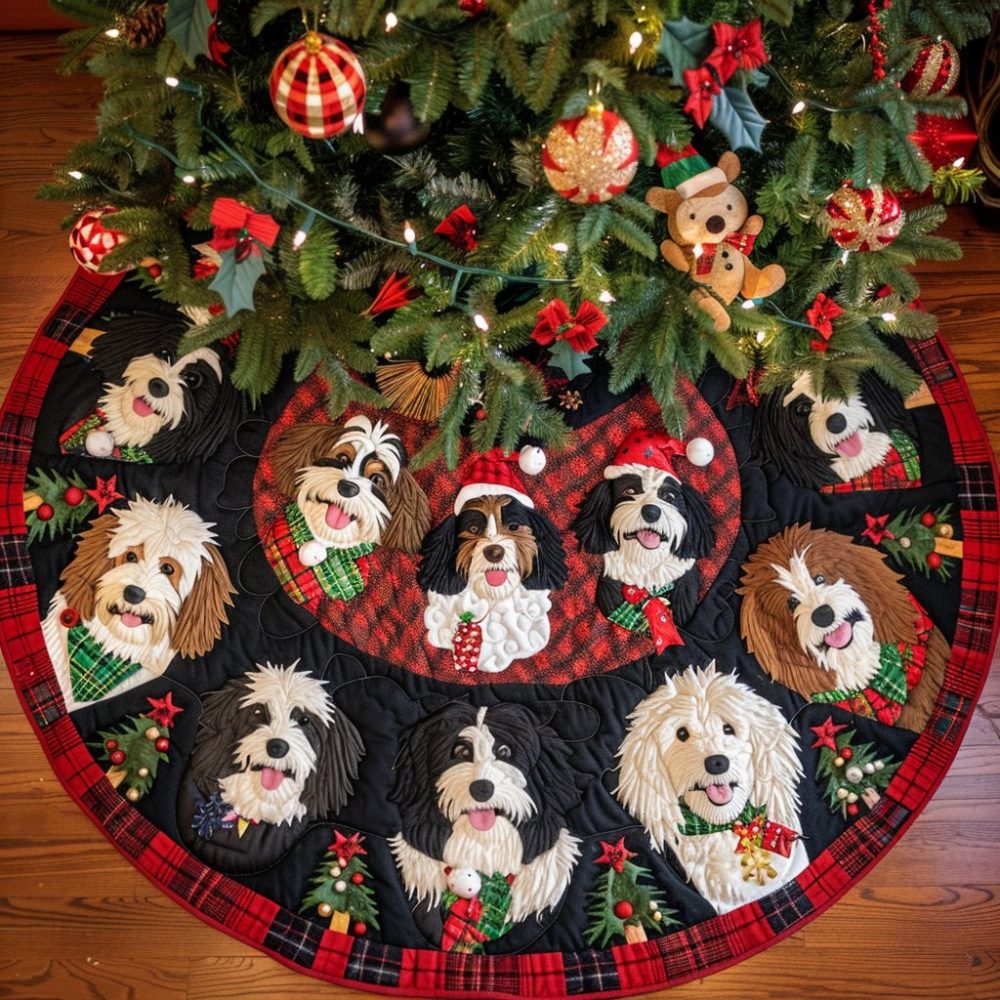 Bernedoodle Sleigh Ride Holiday Tree Skirt - Personalized Made-To-Order Christmas Tree Skirt, Festive Dog-Themed Décor
