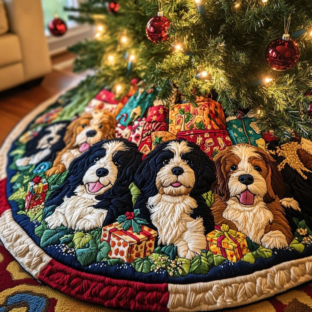 Snowy Bernedoodle Holiday Tree Skirt - Custom Handsewn Christmas Tree Skirt With Snowflake Embroidery & Soft Fleece