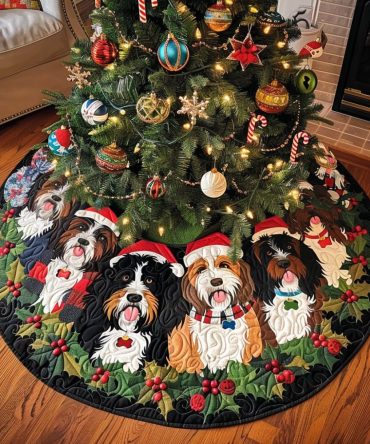 Cozy Bernedoodle Winter Wishes Tree Skirt - Handcrafted Custom Christmas Tree Skirt, Faux-Fur Trim & Personalization