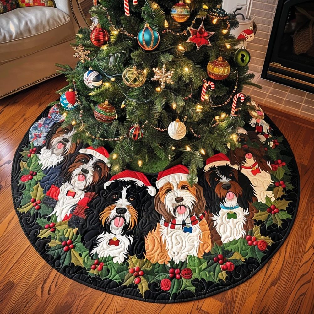 Cozy Bernedoodle Winter Wishes Tree Skirt - Handcrafted Custom Christmas Tree Skirt, Faux-Fur Trim & Personalization
