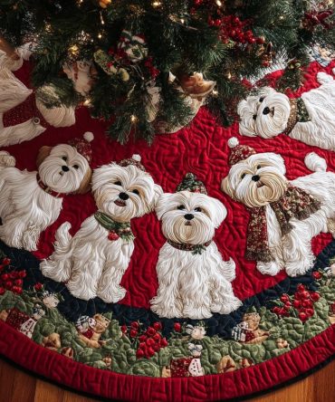 Maltese Berry Christmas Tree Skirt - Made-To-Order Custom Holiday Skirt Featuring Maltese Dog & Festive Berry Pattern