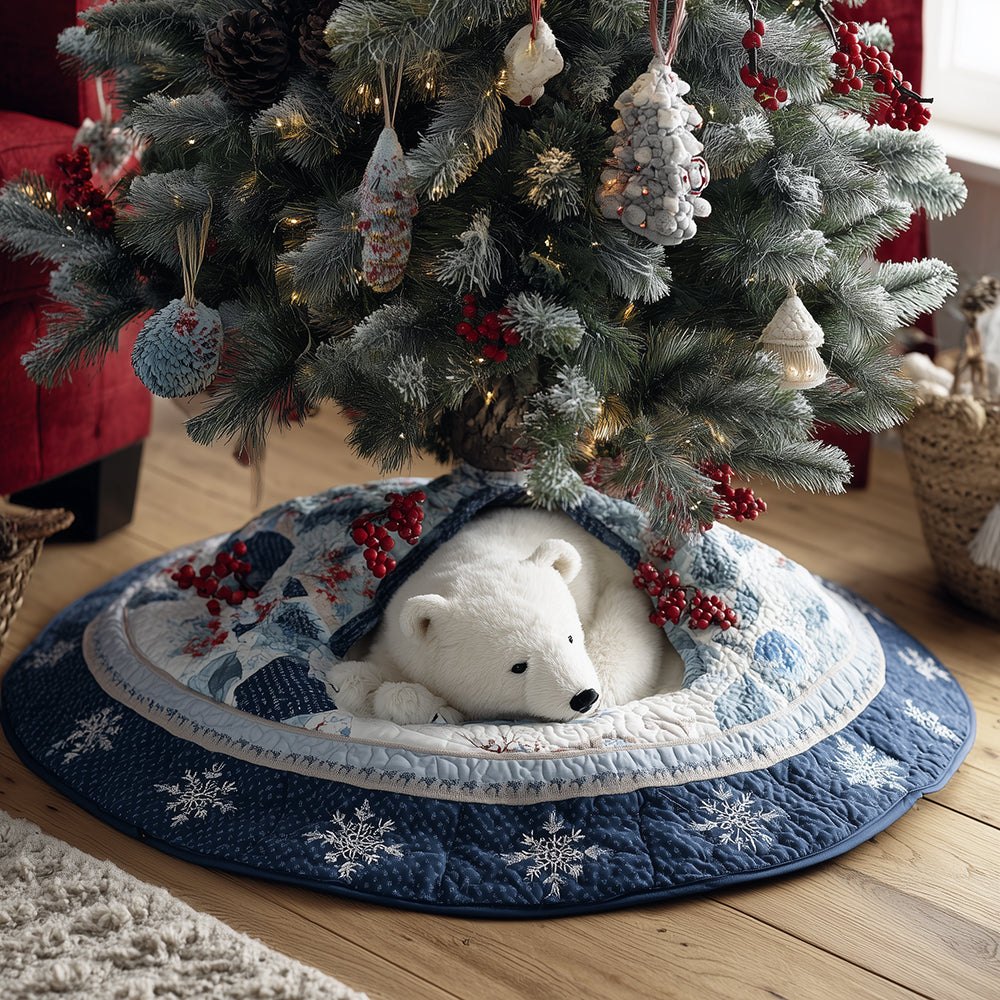 Polar Bear Berry Holiday Tree Skirt - Custom Made-To-Order Christmas Skirt With Cute Polar Bear & Festive Berry Accents