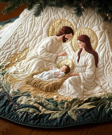 White & Gold Holy Family Christmas Tree Skirt - Elegant Made-To-Order Nativity Tree Mat, Luxurious Holiday Religious Decor
