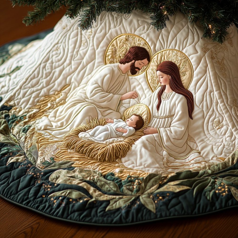 White & Gold Holy Family Christmas Tree Skirt - Elegant Made-To-Order Nativity Tree Mat, Luxurious Holiday Religious Decor