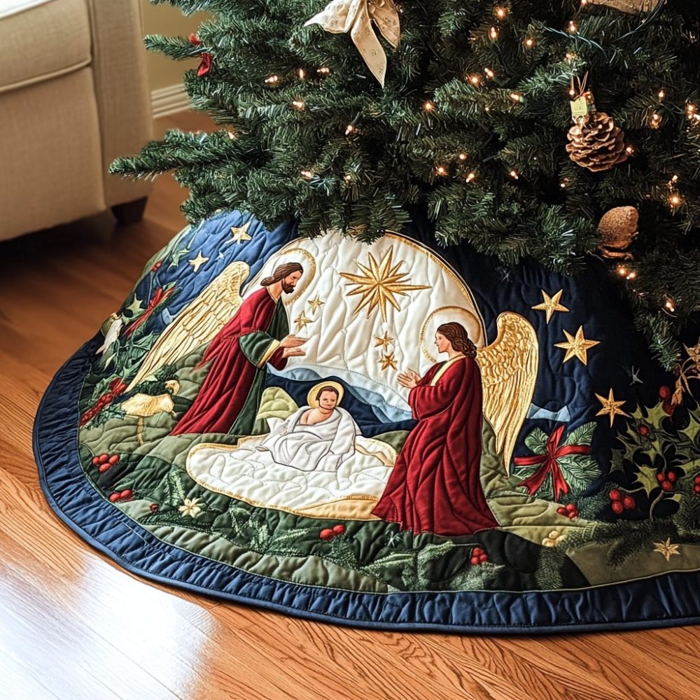 Angelic Nativity Christmas Tree Skirt - Made-To-Order Handcrafted Religious Holiday Skirt With Angel Motif, Soft Luxe Fabric