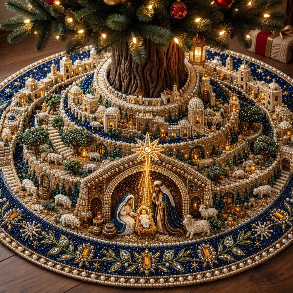 Bethlehem Christmas City Tree Skirt - Handcrafted Scenic Holiday Tree Base With City Silhouette, Made-To-Order
