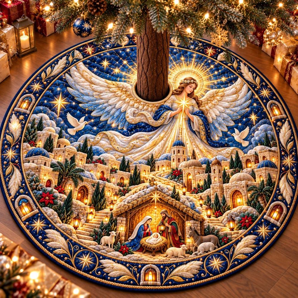Bethlehem City Gate Holiday Tree Skirt — Artisan-Made Nativity Scene Skirt, Custom Sizes And Colors Available