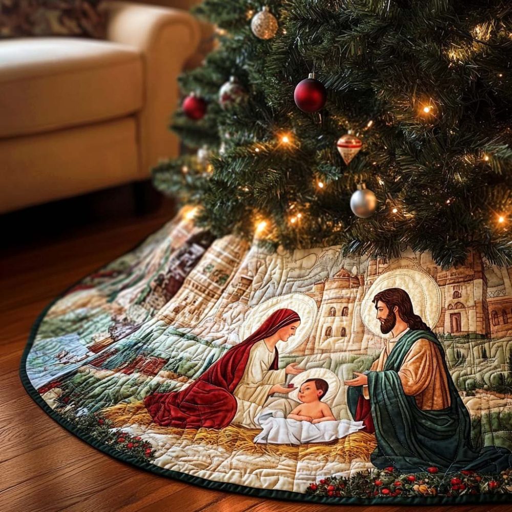 Bethlehem Eve Deluxe Christmas Tree Skirt - Custom Handcrafted Made-To-Order Nativity Skirt For Sacred Holiday Ambiance
