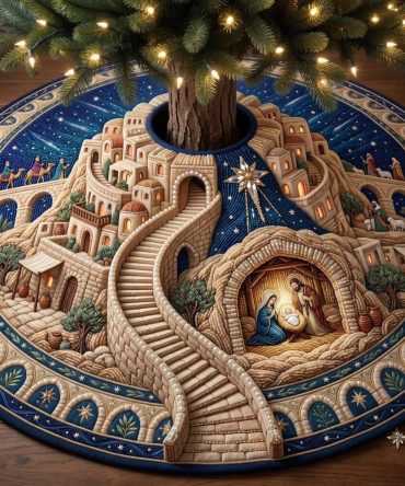 Bethlehem Journey Christmas Tree Skirt — Made-To-Order Manger Scene Skirt With Classic Bethlehem Imagery For Holiday Display