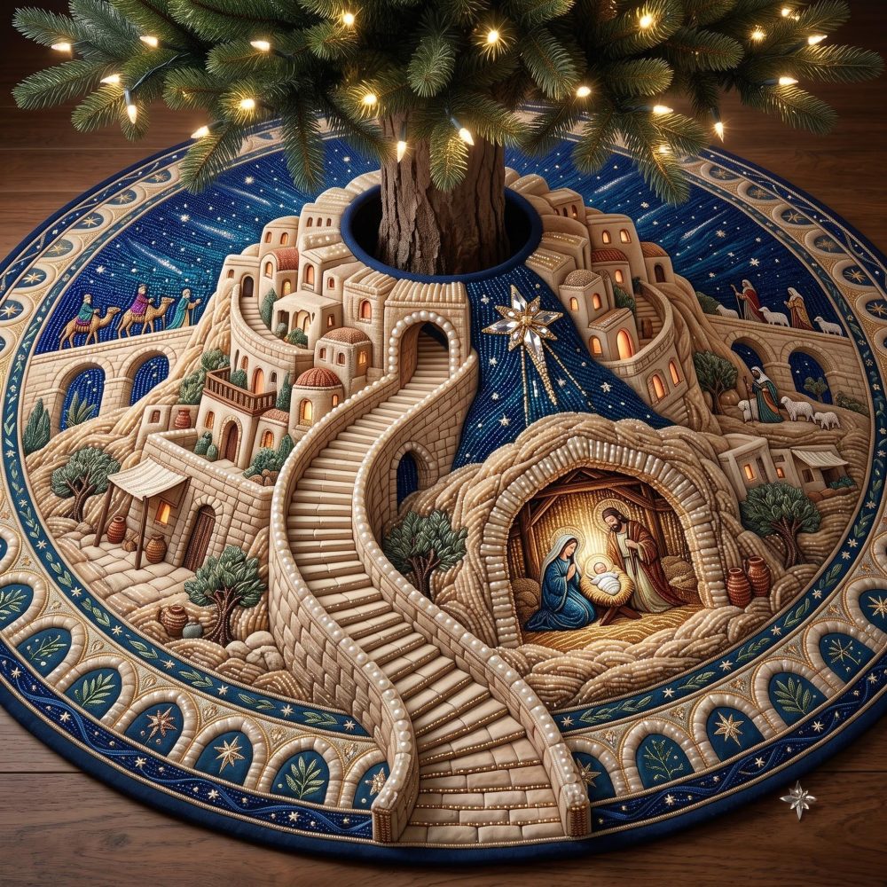 Bethlehem Journey Christmas Tree Skirt — Made-To-Order Manger Scene Skirt With Classic Bethlehem Imagery For Holiday Display