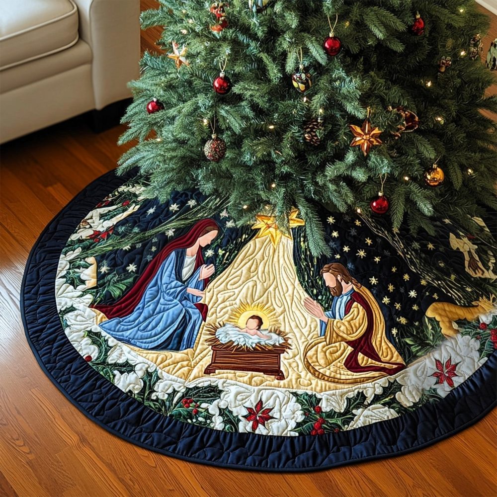 Bethlehem Light Personalized Christmas Tree Skirt - Handcrafted Made-To-Order Nativity Theme Skirt To Illuminate Holiday Decor