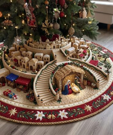 Bethlehem Path Quilted Christmas Tree Skirt — Made To Order Nativity-Inspired Holiday Base, Custom Sizes, Elegant Religious Decor