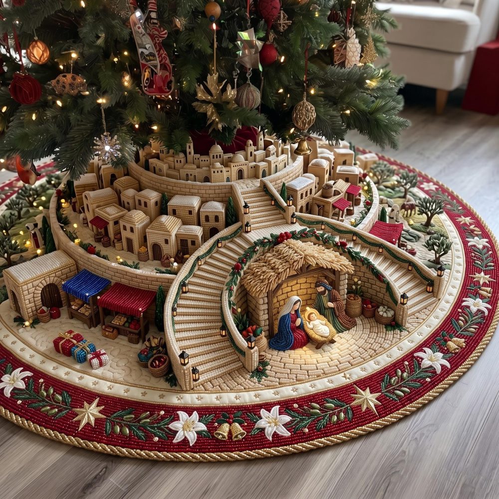 Bethlehem Path Quilted Christmas Tree Skirt — Made To Order Nativity-Inspired Holiday Base, Custom Sizes, Elegant Religious Decor