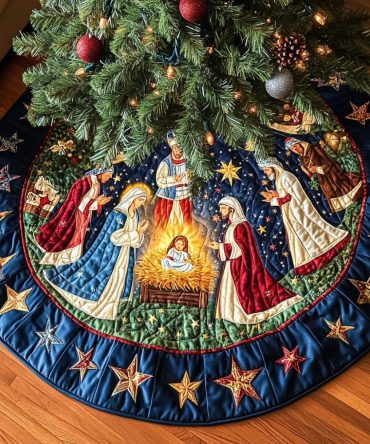 Starry Border Nativity Christmas Tree Skirt - Handcrafted Custom Religious Tree Mat With Star Embroidery, Premium Holiday Gift
