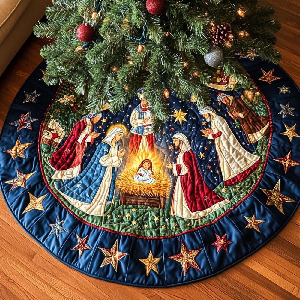 Starry Border Nativity Christmas Tree Skirt - Handcrafted Custom Religious Tree Mat With Star Embroidery, Premium Holiday Gift