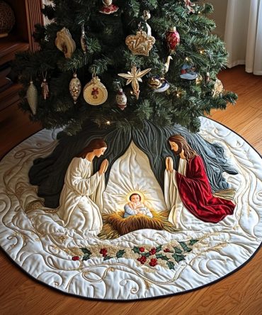 Ivory Hollow Nativity Christmas Tree Skirt - Custom Made-To-Order Elegant Religious Holiday Decor With Ivory And Neutral Tones
