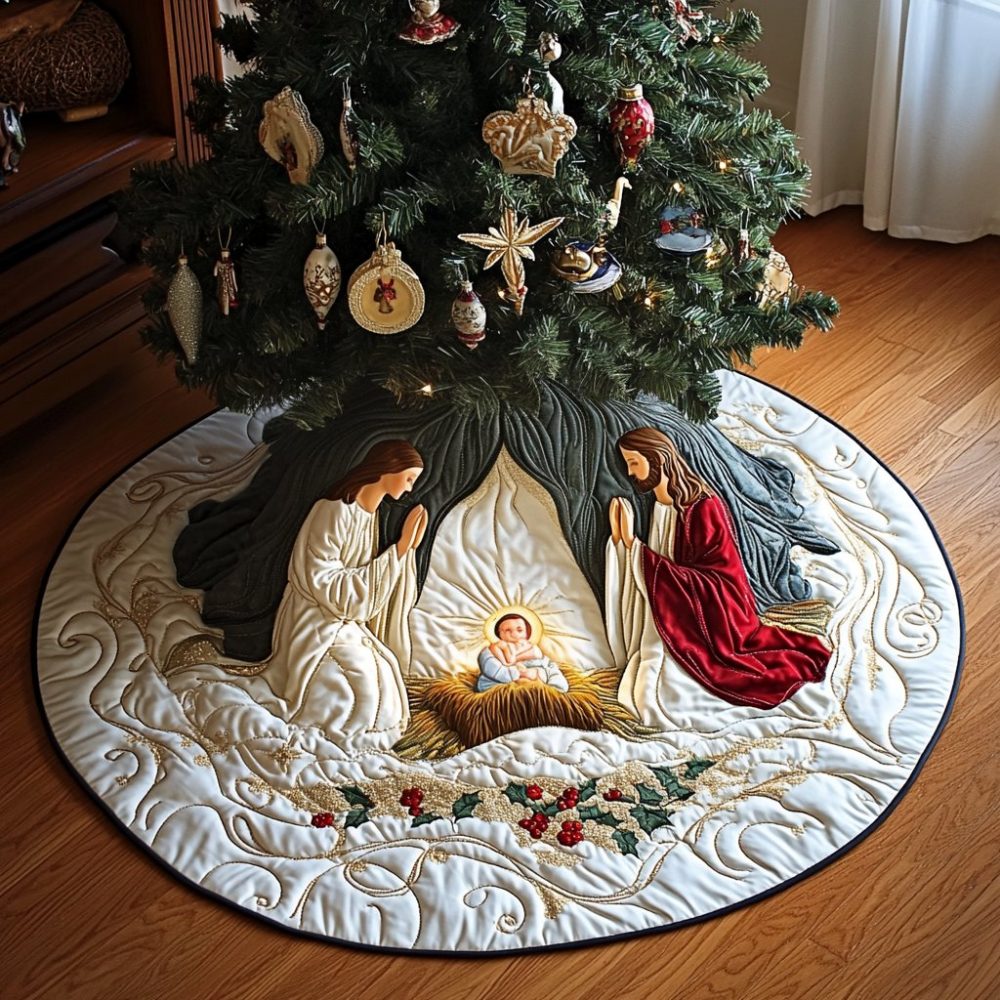Ivory Hollow Nativity Christmas Tree Skirt - Custom Made-To-Order Elegant Religious Holiday Decor With Ivory And Neutral Tones