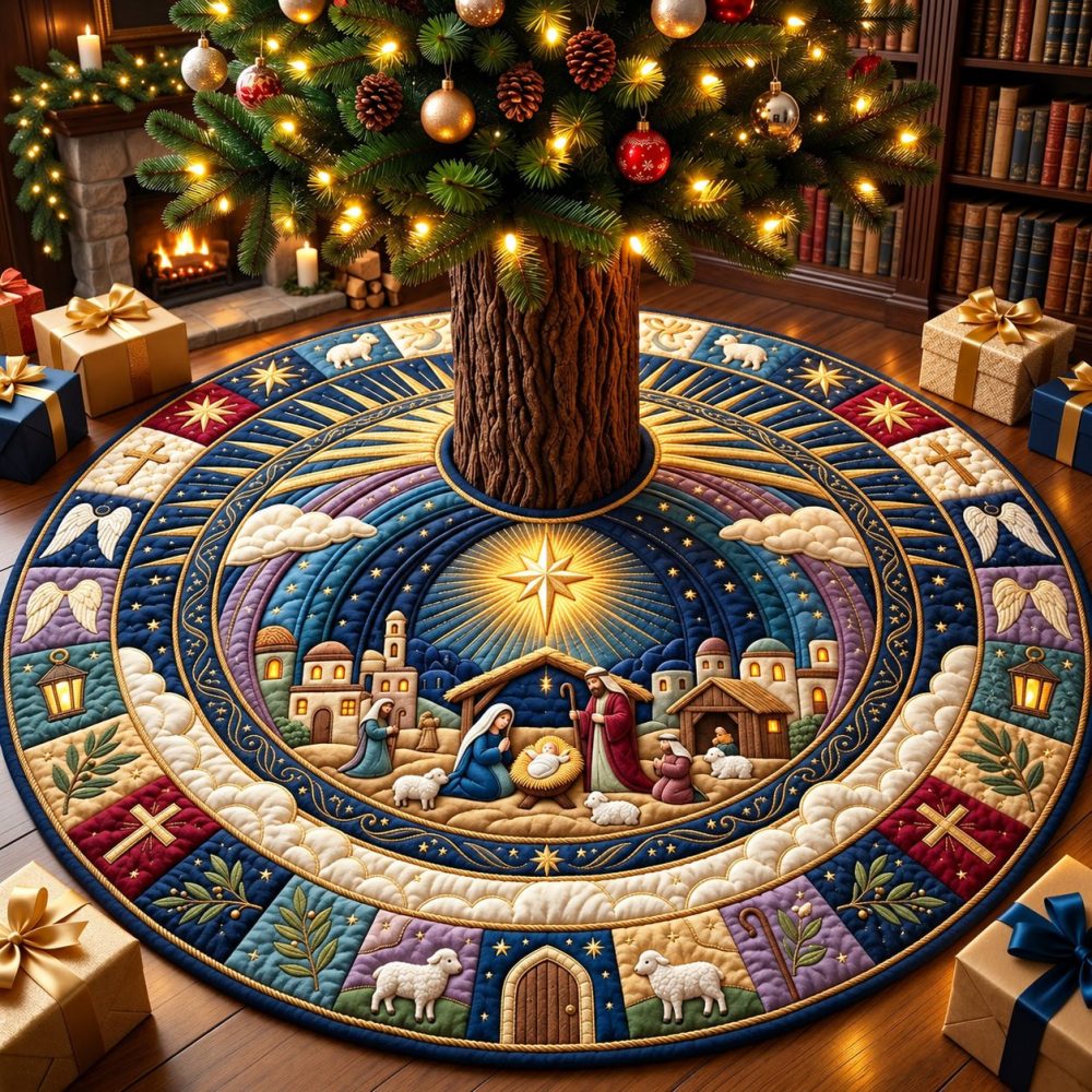 Bethlehem Star Portal Christmas Tree Skirt - Handcrafted Nativity-Inspired Holiday Collar, Custom Sizing & Elegant Embellishments