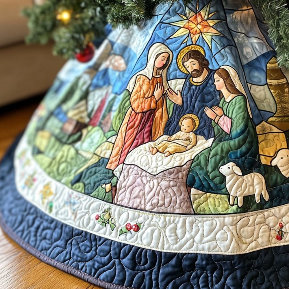 Stained Glass Nativity Christmas Tree Skirt - Handcrafted Religious Holiday Tree Collar With Vivid Nativity Window Design, Custom Made