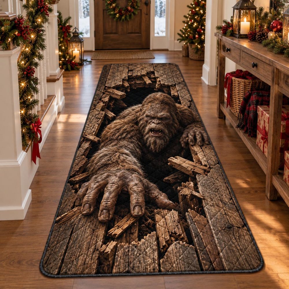 Bigfoot Floor Breakout Runner — Bold Sasquatch Motif Hallway & Stair Carpet Rug For Cabin, Lodge, Entryway Style