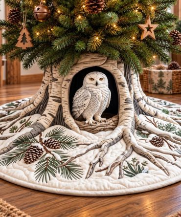 Birch Owl Hollow Tree Skirt — Made-To-Order Birch Forest & Owl Design, Rustic Holiday Skirt For Cozy Cabin And Woodland Interiors