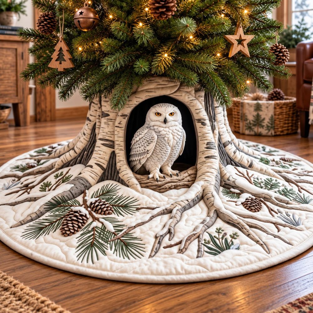 Birch Owl Hollow Tree Skirt — Made-To-Order Birch Forest & Owl Design, Rustic Holiday Skirt For Cozy Cabin And Woodland Interiors