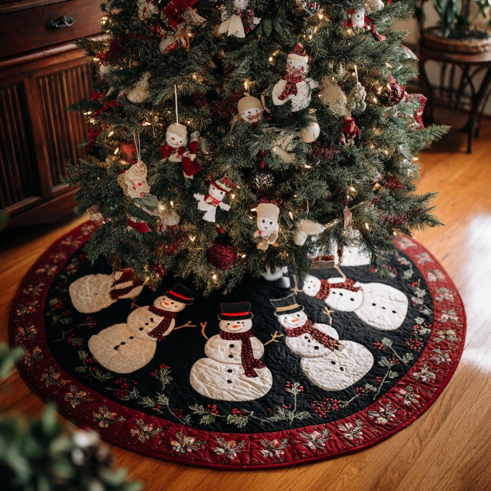 Handmade Black Snowman Christmas Tree Skirt - Custom Made-To-Order Holiday Skirt Featuring Afrocentric Snowman Design