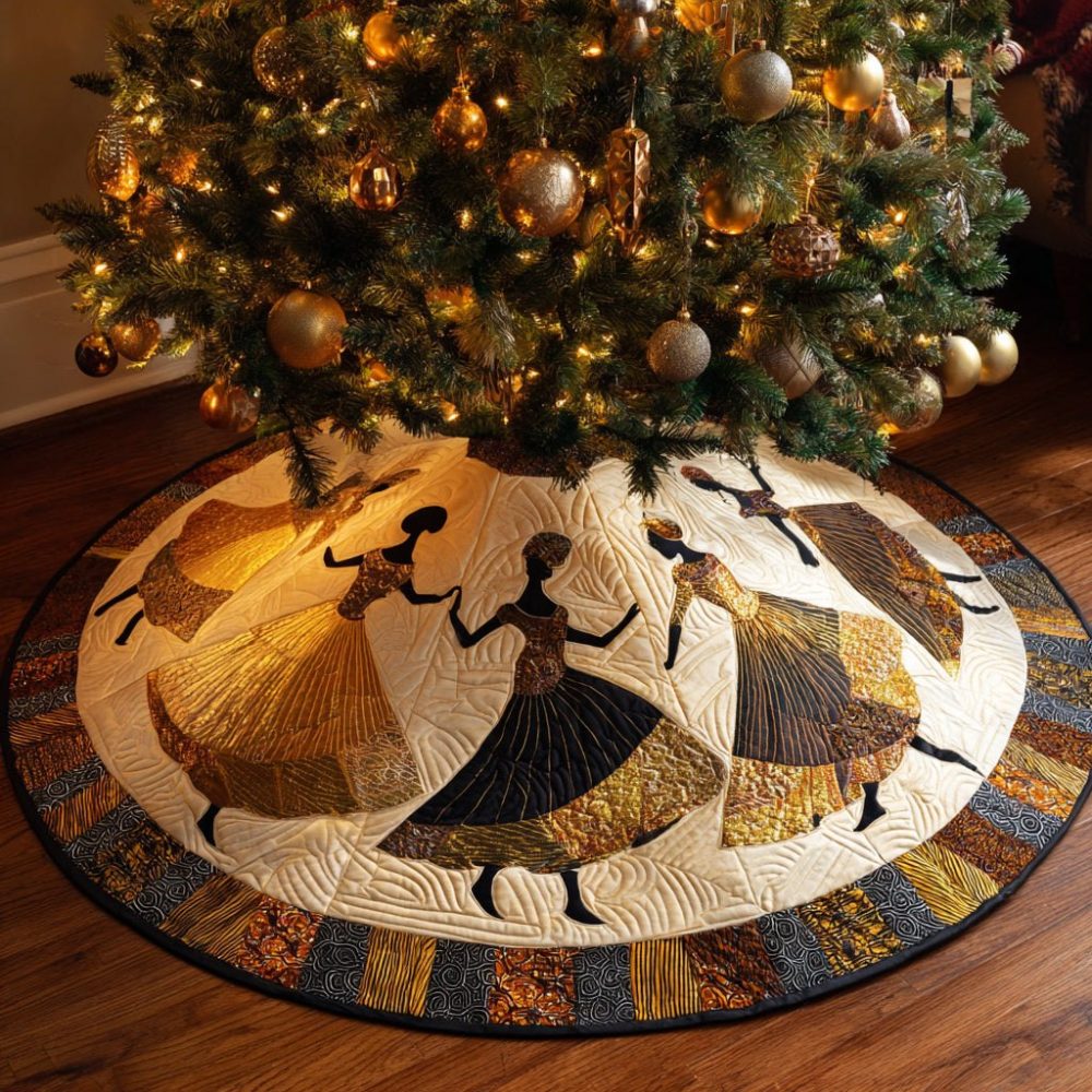 Merry Circle Holiday Tree Skirt With Black Woman Illustration - Custom Made-To-Order Christmas Skirt For Stylish Seasonal Decor