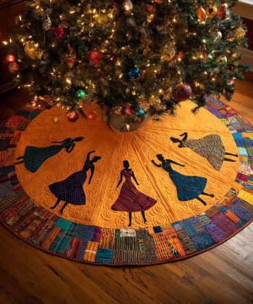Saffron Joy Designer Christmas Tree Skirt With Black Woman Art - Custom Made-To-Order Holiday Skirt, Plush & Vibrant Accent