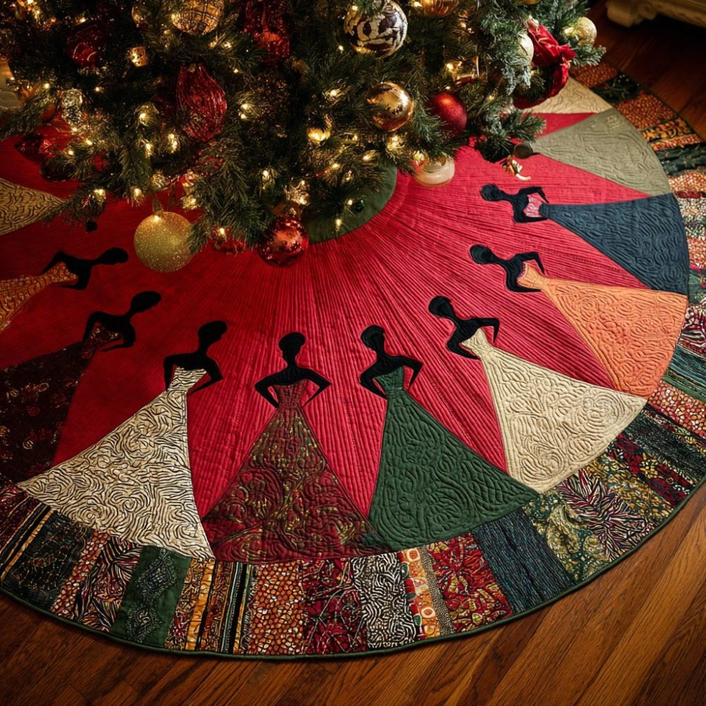 Scarlet Elegance Holiday Tree Skirt With Black Woman Motif - Custom Handcrafted Christmas Skirt Made To Order For Luxury Decor