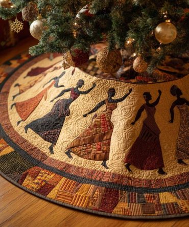 Handcrafted Sunset Rhythm Christmas Tree Skirt Featuring Black Woman Silhouette - Custom Made To Order For Elegant Holiday Decor