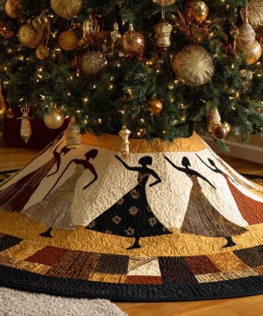 Golden Jubilee Black Women Holiday Tree Skirt - Handmade Luxurious Gold Accent Tree Skirt, Custom Sizes & Personalization