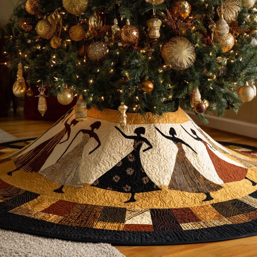 Golden Jubilee Black Women Holiday Tree Skirt - Handmade Luxurious Gold Accent Tree Skirt, Custom Sizes & Personalization